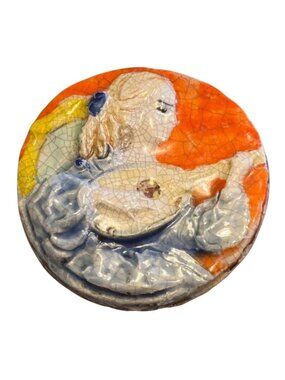 Mid-Century Italian Pottery Plaque Featuring Hand-Painted Female Musician 4"x4"